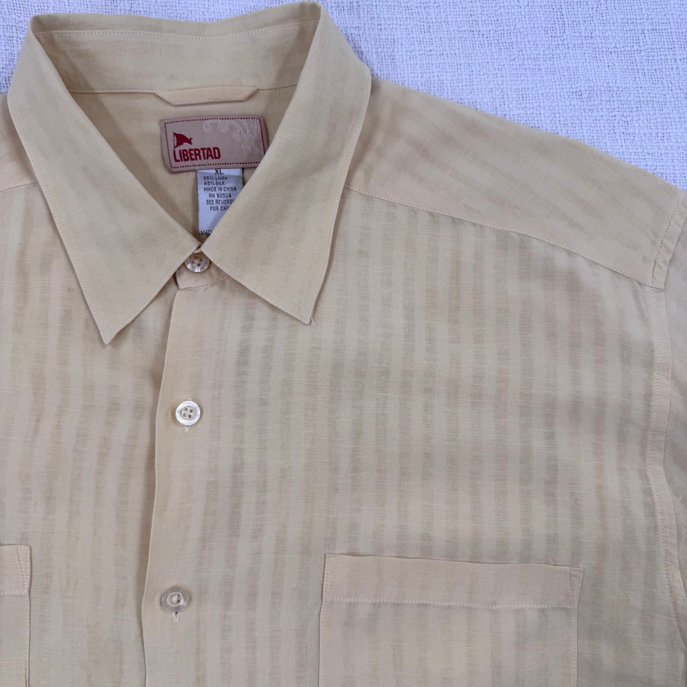 Libertad Mens XL Linen Silk‎ Short Sleeve Button Down Shirt Yellow Shadow Stripe
